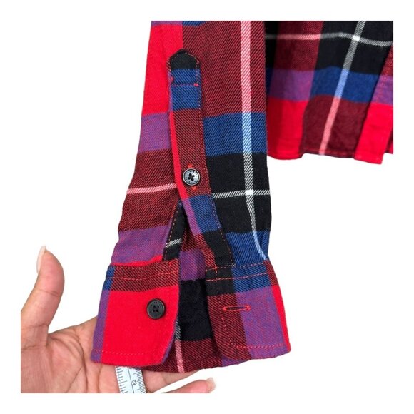 EXPRESS Women SZ M Red Plaid Flannel Cropped Button Down Shirt Long Sleeve - Picture 9 of 11